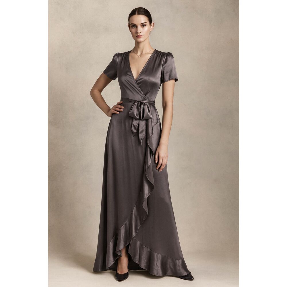 Vintage GHOST London Metallic Gray Y2K 90s Maxi Wrap Gown Dress  Women's Size XS
